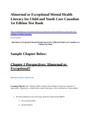 Abnormal or Exceptional Mental Health Literacy for Child and Youth Care Canadian 1st Edition Test Ba