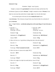 Instructor's Copy Worksheet - Force = mass x gravity
