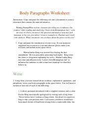 Body Paragraphs Worksheet
