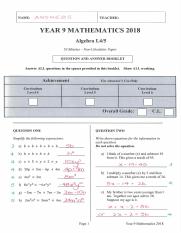 2018 Year 9 Algebra L45 Answers.PDF