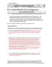 M9A1 Cuban Missile Crisis Answer Sheet