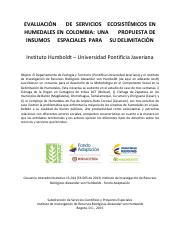 Evaluación de servicios ecosistémicos en humedales en Colombia una propuesta de insumos espaciales (