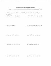 Synthetic Division and Evaluating Functions Worksheet1