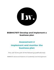 BSBMGT617 Implement and monitor the business plan Assessment 2.docx