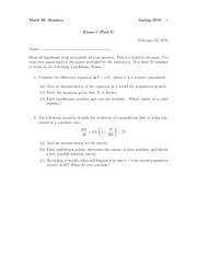 Exam 1 Part 1 Spring 2010 on Mathematical and Computational Methods for the Life Sciences