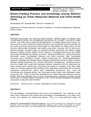 Breast Feeding Practice And Knowledge Among Mothers Attending An Urban Malaysian Maternal And Child 