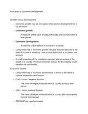 Indicators of Economic Development Notes