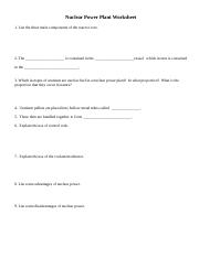 Nuclear Power Plant Worksheet