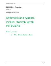 2022-02-21 Monday 7MAT2 LESSON NOTES - Computation with Integers - The Distributive Law-1.pdf
