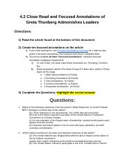 4.2 Close Read and Focused Annotations of Greta Thunberg Admonishes Leaders (1).docx