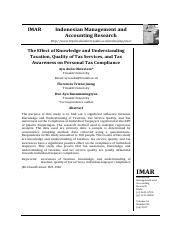 ARTICLE The Effect of Knowledge and Understanding Taxation, Quality of Tax Services, and Tax Awarene