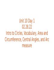 02.28.22 ~ Day 1 Intro to Circles, Vocab, Area and Circumference, Central Angles, and Arc Measure.pd
