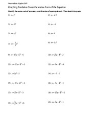 Math Worksheets Graphing Parabolas  parabola graph equation axis of symmetry focus directrix 