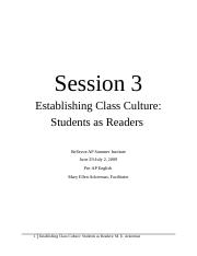 Session 3 Establishing Class culture Students as Readers packet.doc