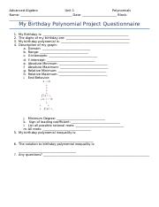 My Birthday Polynomial Project Questionnaire