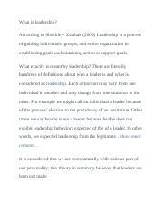 What is leadership_   According to Shockley- Zalabak (2009) Leadership is a process of guiding indiv