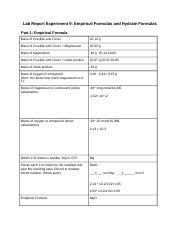 Lab Report Experiment 9_ Empirical Formulas and Hydrate Formulas.docx