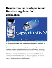 Russian vaccine developer to sue Brazilian regulator for defamation.docx
