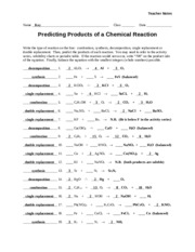 Worksheet  Chemical Reactions  Teacher  Teacher Notes Name Key Class Date Chemical Reactions 