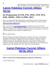 Latest Pakistan Current Affairs MCQs for Preparation of NTS, PTS, FPSC, OTS, PCS, PMS, KPPSC, SPSC &