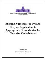 Memo - Existing Authority for DNR to Deny an Application to Appropriate Groundwater for Transfer Out