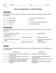VIRUSES AND BACTERIA Critical Thinking  Worksheet