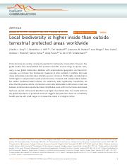 Article - Local biodiversity is higher inside than outside terrestrial protected areas worldwide.pdf