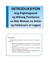 Filipino.pdf - INTRODUKSIYON Ang Pagtataguyod ng Wikang Pambansa sa Mas