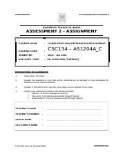 CSC134 - Assessment 2 - Assignment AS1204A_C Jun2020.docx