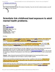 Scientists link childhood lead exposure to adult mental health problems. - Document - Gale In Contex