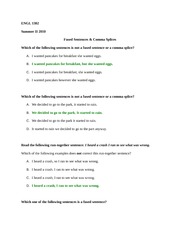 ENGL 1302 Quiz on Fused Sentences & Comma Splices