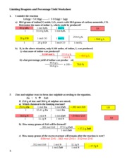 Limiting Reagents and Percentage Yield Worksheet answers (1)